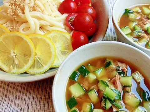 冷凍うどんで♪ツナきゅうたれの冷やしつけうどん✿